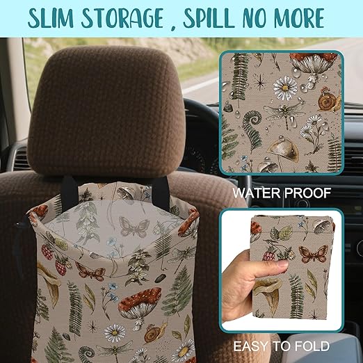 KXWQTRDD Car Garbage Bag Vintage Mushroom Forest Plants Drawstring Car Trash Bag Hanging for Back Seat with Adjustable Buckle Canvas Vehicle Trash Can Easy-to-Install