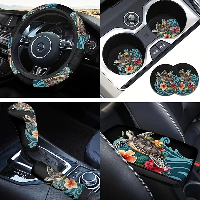 Blue Sea Turtle Steering Wheel Cover Sets Flower Print Car Accessories Handbrake Cover Cup Coaster Car Interiors Decor for Men Women 6pcs
