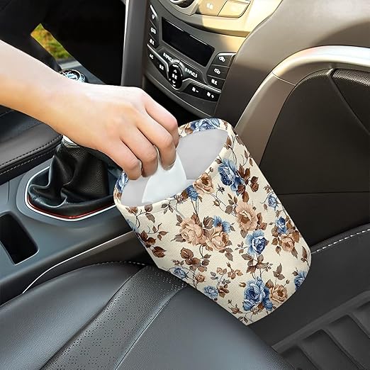 Retro Flower Print Cat Car Garbage Can Small Trash Can with Leak Proof Inside Liner and Hanging Strap Car Organizer Portable for Road Trip