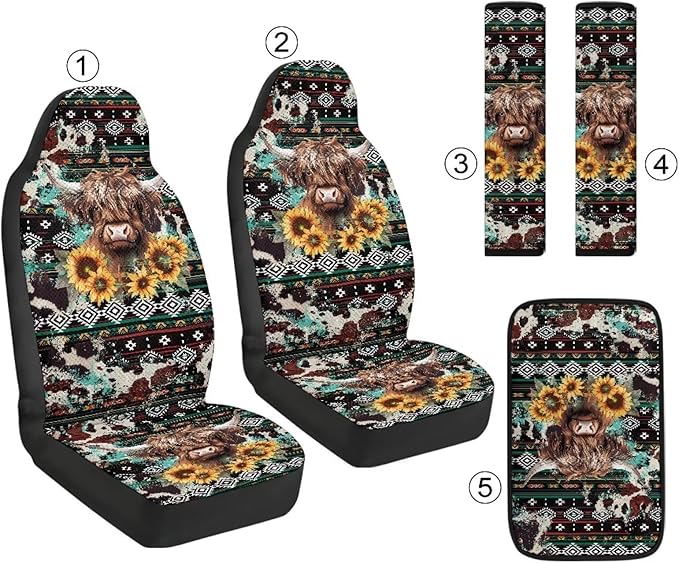 Qeluxign 5 Piece Car Seat Covers Full Set for Men Women PU Leather Front Seats Cover Auto Seatbelt Shoulder Pads Vehicle Center Console Armrest Cover,Highland Cow Sunflower Tribal