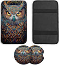 JANENFNA Car Armrest Cover Pads Universal Fashion Cute Auto Center Console Armrest Cover Pad with 2PCS Car Coasters Soft Waterproof Car Armrest Seat Protector for Women,Colorful Owl