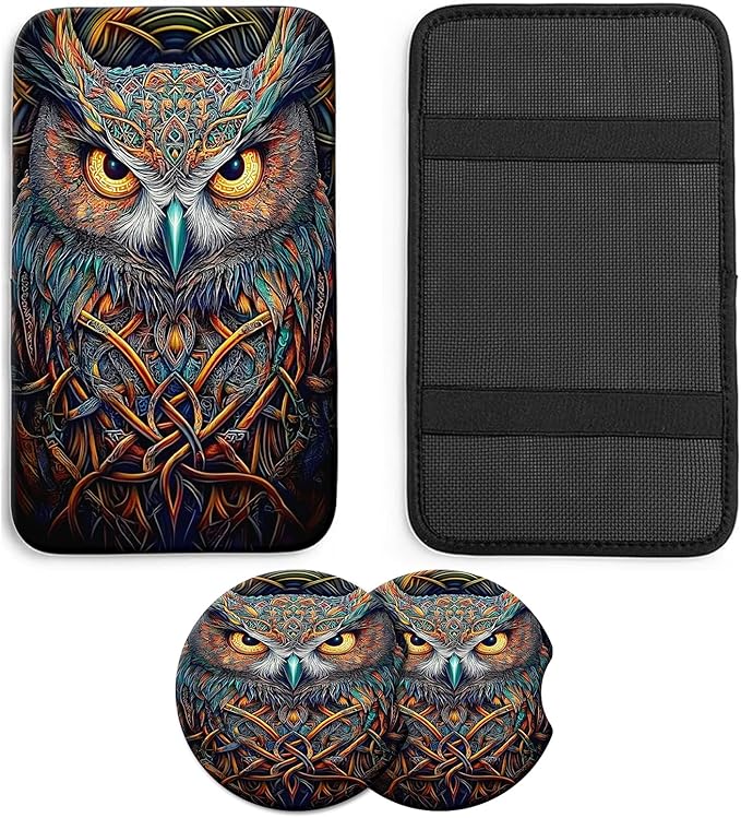 JANENFNA Car Armrest Cover Pads Universal Fashion Cute Auto Center Console Armrest Cover Pad with 2PCS Car Coasters Soft Waterproof Car Armrest Seat Protector for Women,Colorful Owl