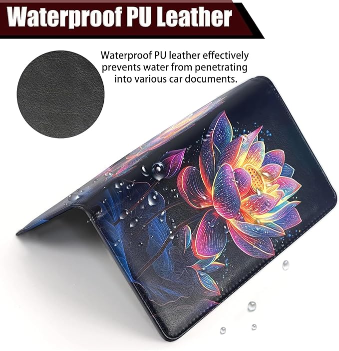 Yuxcfhjfe Car Registration Holder, PU Leather Vehicle Glove Box Organizer for Driver License, Document, Car Insurance Holder with Magnetic Shut, Auto Paperwork Wallet Case Accessories, Colorful Lotus