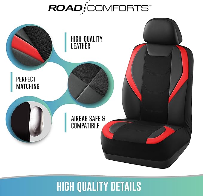 Road Comforts Car Seat Cover, Leather Mesh Front Seat Cover, Universal Fit for Most Cars, SUVs, Trucks, and Vans, Airbag Compatible - Red 2Pcs Pack