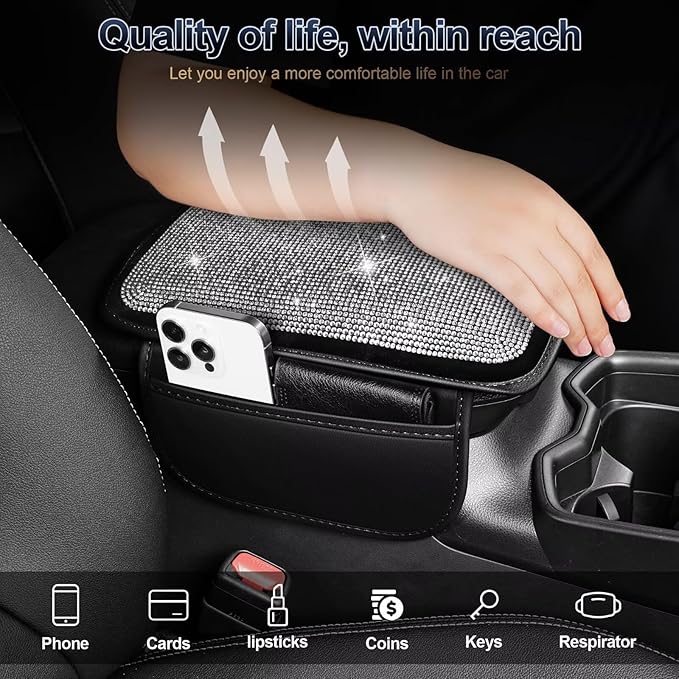 YORKNEIC Bling Center Console Cover Fit for Ford Edge: Armrest Cover with 2 Storage Pockets, Crystal Rhinestone Car Arm Rest Cover Pad Design for Protection(Silver Diamond)