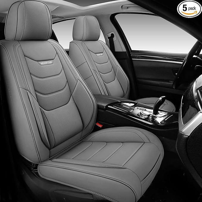 WENNFOUR Car Seat Covers Full Set, Universal Automotive Front and Rear Seat Protector Fit for Cars 5 Seats, Waterproof Breathable Nappa Leather Seat Cushion for Most Vehicles SUV Pick-up Truck, Grey