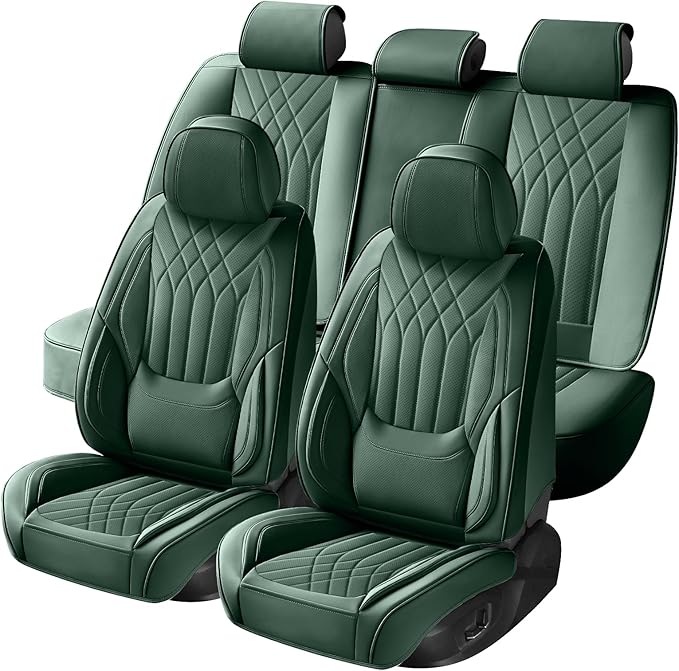 GEZHOUBA Green Car Seat Covers Full Set, Full Coverage Luxury Leather Green Seat Covers for Front and Rear Car Seats Waterproof Anti-Slip Cover Set Universal Fit for Most 5-Seater Cars SUVs