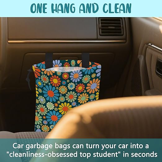 KXWQTRDD Car Garbage Bag Vintage Groovy 70s Floral Drawstring Car Trash Bag Hanging for Back Seat with Adjustable Buckle Canvas Vehicle Trash Can Easy-to-Install