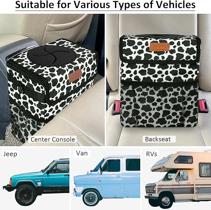 ELONGRIVER Car Trash Can Bin for Back Seat Leak Proof, Cute Car Trash Bag Hanging, Vehicle Trash Can for SUV Truck Van, Automotive Garbage Cans Front Seat Cow Print