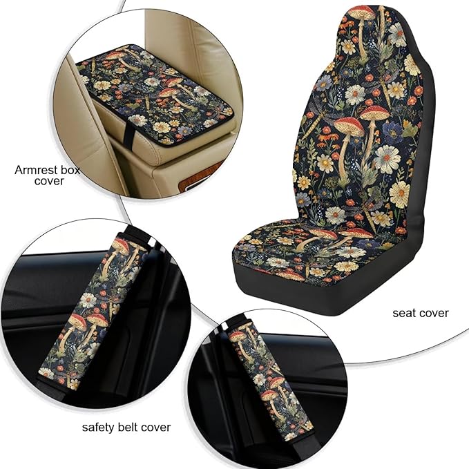 Oramclsy Mushroom 5 Pack Car Seat Covers Full Set with PU Breathable Armrest Pad PU Breathable Seat Belt Covers Universal Size Car Accessories