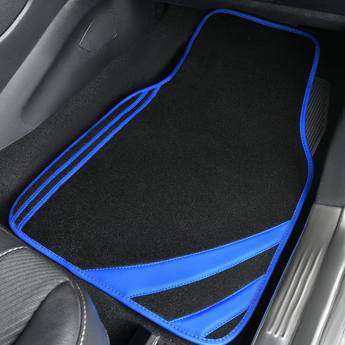 CAR PASS Faux Leather Car Mats Blue Edge Waterproof Car Floor Mats Car Carpet Mats 4 Pieces with Double Stitch Line Anti-Slip Backing Design, Universal Fit for Most Vehicles,SUVs,Sedan,Vans