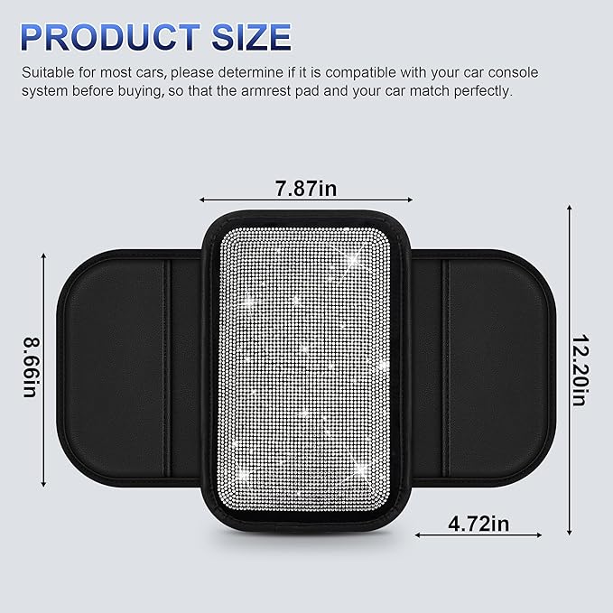 Bling Center Console Cover Fit for Nissan Kicks 2021-2025: Crystal Rhinestone Automotive Armrest Cushion-Stylish Diamond Arm Rest Protection Mat(Black)