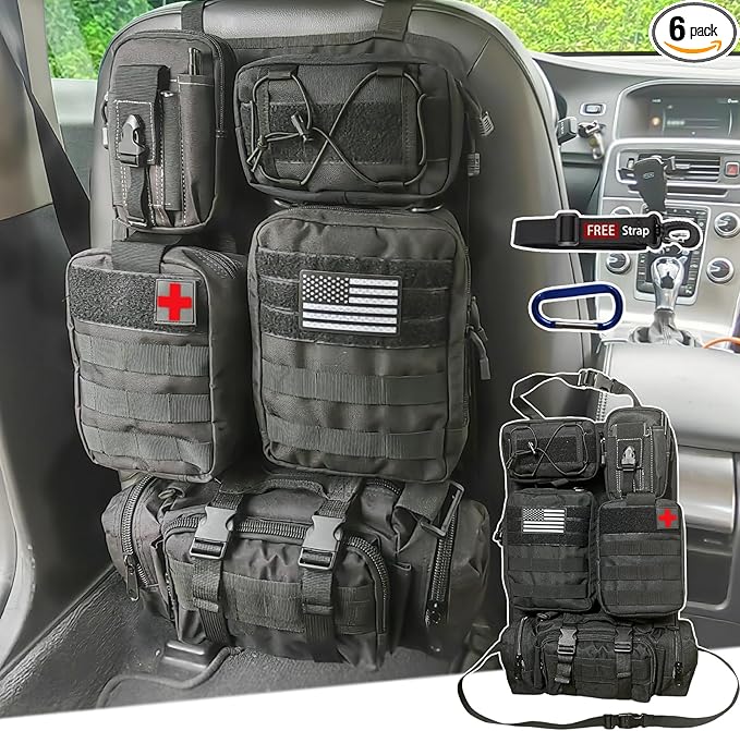 MEAUTELE 6 Pack Tactical Molle Car Seat Back Organizer Tactical Vehicle Panel with 5 Detachable Molle Pouch for Car Truck Ford Jeep Vehicle,US Patch Automotive Organizer For Man (5 Pouches)