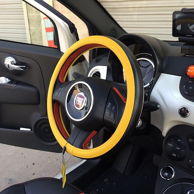 Jdragon Yellow & Carbon Fiber Style PVC Leather Slip-On Steering Wheel Cover 14.25-15" Diameter