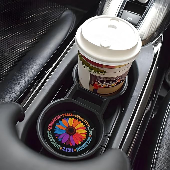HUWAAI Kindness Peace Love Hope Car Cup Holder Coasters 2 Pack Universal 2.63 Inch Anti Slip Ceramic Absorbent Coaster with Cork Base and Finger Notch Cute Car Accessories Interior for Women