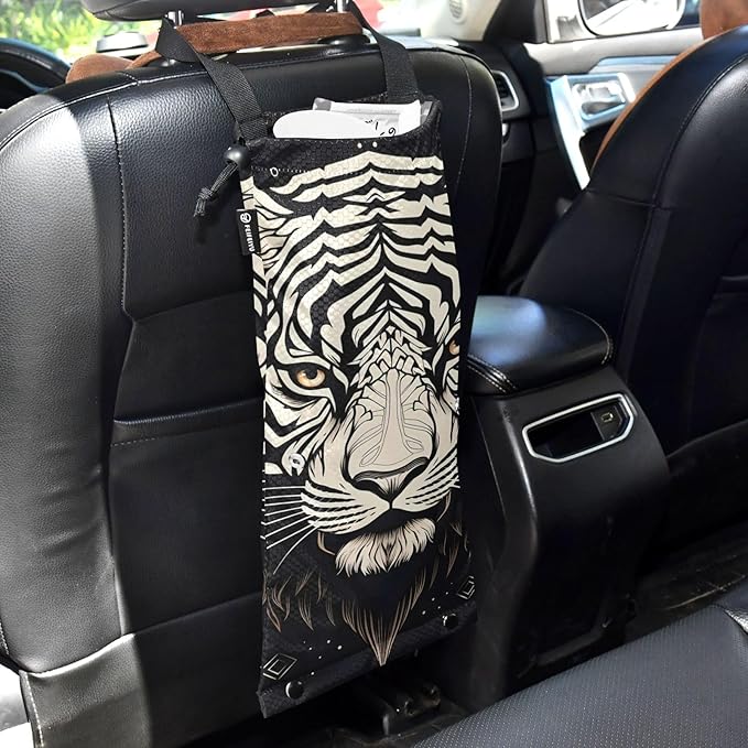 ALAZA Hanging Car Trash Bags Garbage Bag Trash Can for Back Seat Small Tiger 1 Washable Storage Bag Retractable 2 Pack