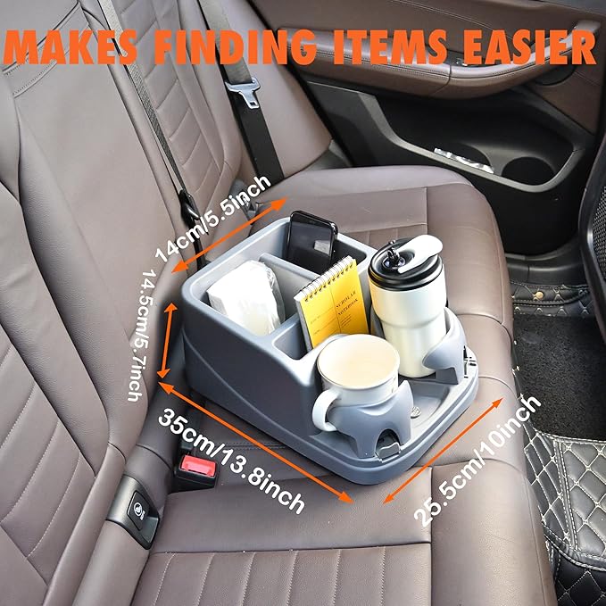 Keyiduid Car Console Organizer, Car Seat Organizer with 2 Adjustable Cup Holders, Center Console for Cars, Trucks, Minivans, SUVs, Vehicle Organizer, 3 Large Storage Compartment (Gray)