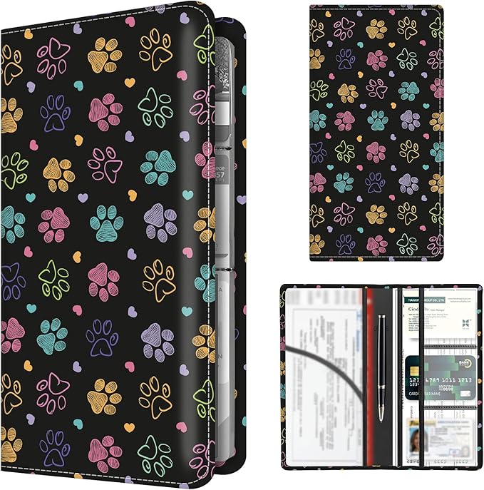 BAUCIWLD Premium Car Registration and Insurance Card Holder, Cute PU Leather Car Document Holder, Vehicle Glove Box Car Organizer with Magnetic Closure for Driver License, Cards Colorful Doodle Paws