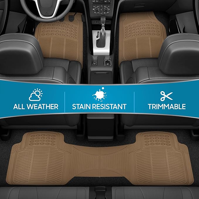 BDK ProLiner Heavy Duty Rubber Floor Mats for Auto - All Weather Protection Liners 3 PC Set (Tan Beige)