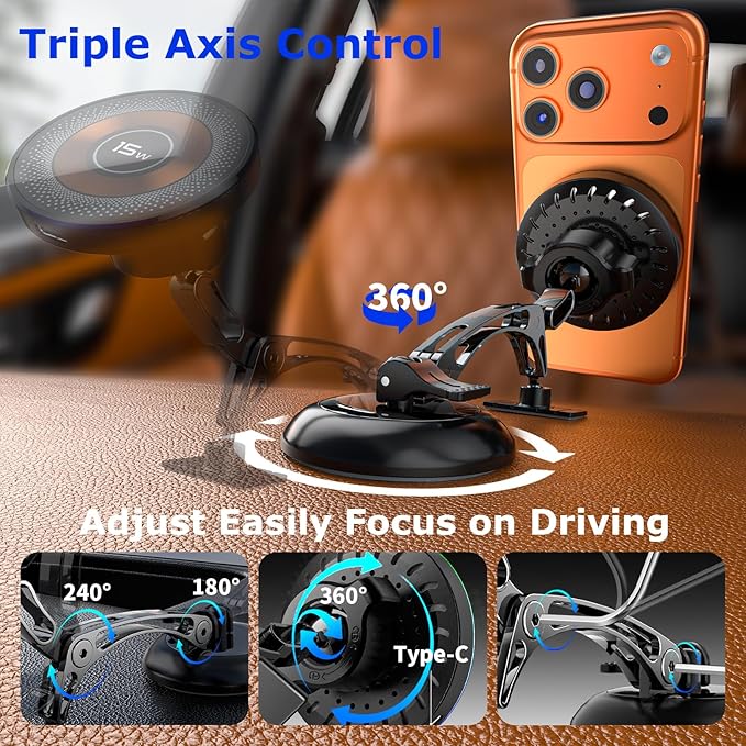 Magnetic for MagSafe Car Mount 15W Wireless Charging, Magnetic Phone Holder for Car with Vacuum, 360°Adjustable Metal Head &Extension Rod, Cell Phone Holders for Your Car for iPhone17/16/15/14/13/12