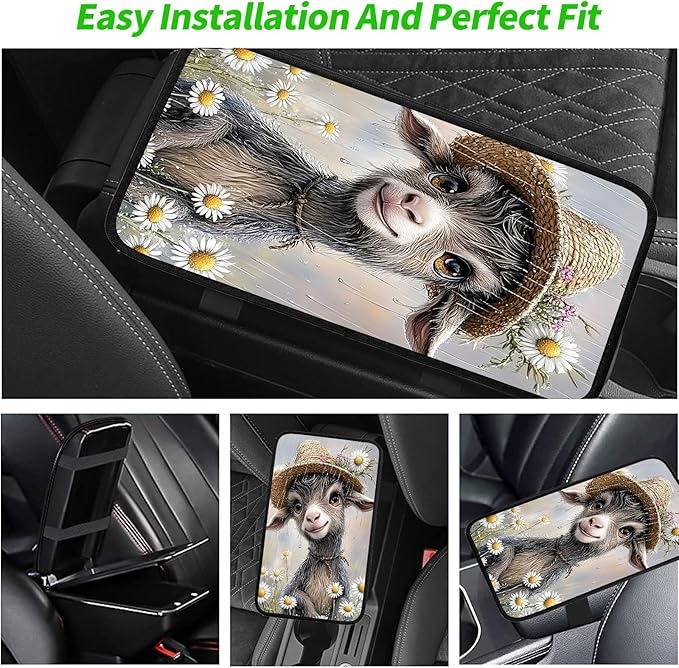 JANENFNA Car Armrest Cover Pads Universal Fashion Cute Auto Center Console Armrest Cover Pad with 2PCS Car Coasters Soft Waterproof Car Armrest Seat Protector for Women,Goat in Daisy Rain