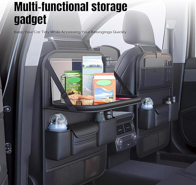 Car Backseat Organizer with Foldable Table Tray,Car Seat Back Protector with Touch Screen Phone Holder,Premium PU Leather Material,Compatible with Suitable for Most Car Travel Accessories