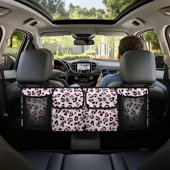 SEANATIVE Pink Leopard Print Car Trunk Organizer, Backseat Hanging Organizer with 4 Pockets, Waterproof Collapsible Cargo Storage Bag, Car Interior Accessories Car Seat Organizer for SUV, Truck