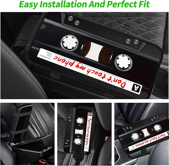 JANENFNA Car Armrest Cover Pads Universal Fashion Cute Auto Center Console Armrest Cover Pad with 2PCS Car Coasters Soft Waterproof Car Armrest Seat Protector for Women,Cassette Tape