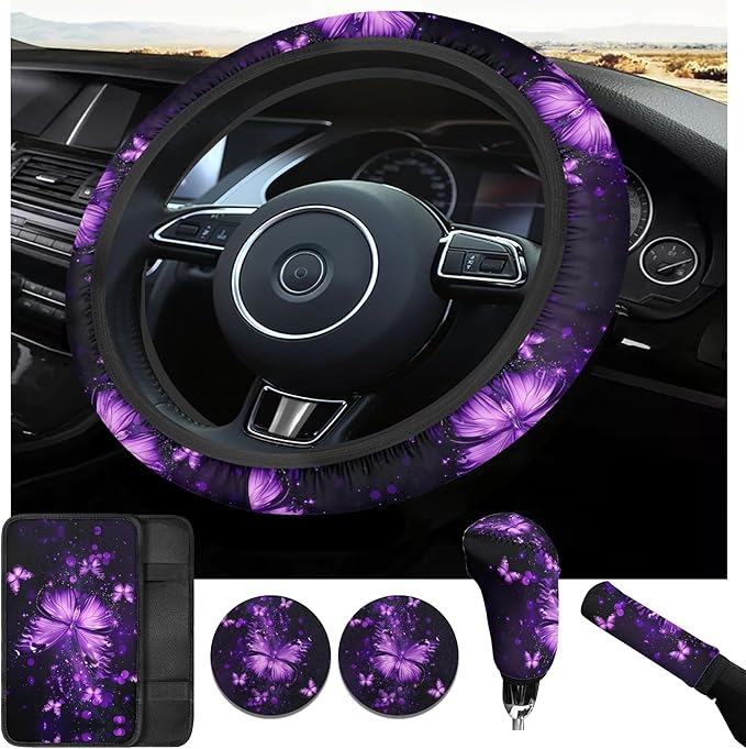 Purple Butterfly Car Decor Set for Women 6 PCS Steering Wheel Cover Cup Holder Handbrake Gear Cover Butterfly Print Car Accessories Set for SUV Truck Sedan