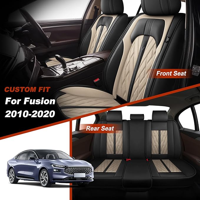 TTX LIGHTING Seat Covers Fit for Ford Fusion 2010-2020 Seat Covers Full Set Car Seat Covers Faux Leather Breathable Waterproof Car Seat Protector (5 Seats, Black&Beige)