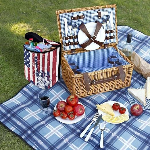 USA Flag Pattern Trash Can with Lid - Leak Proof, Hanging Waterproof Garbage Bag for Car Accessories - Multipurpose Storage Container for Back Seat, Road Trip - Black