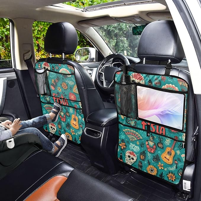 1 Pack Back Seat Car Organizer with Storage Pockets Kick Mats Back Seat Protector Hanging Car Organizer Automotive Seat Back Cover Organizers Fiesta Mexican Green Skulls Guitars Flowers