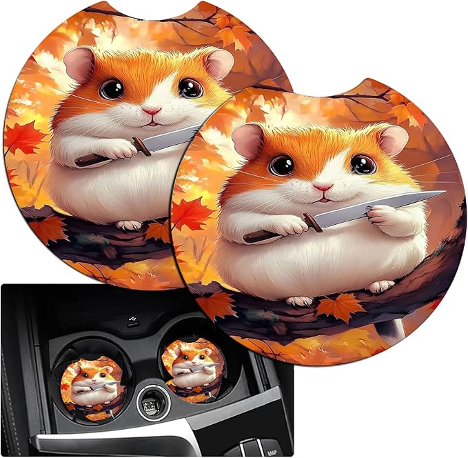 JANENFNA Car Armrest Cover Pads Universal Fashion Cute Auto Center Console Armrest Cover Pad with 2PCS Car Coasters Soft Waterproof Car Armrest Seat Protector for Women,Cate Hamster
