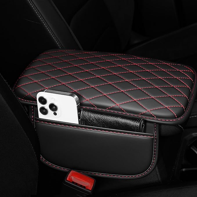 Center Console Cover Fit for Kia Sportage 2005-2025 with 2 Storage Bags Waterproof Leather Quilted Pattern Car Armrest Cover Cushion Anti - Slip(Black&Red Line)