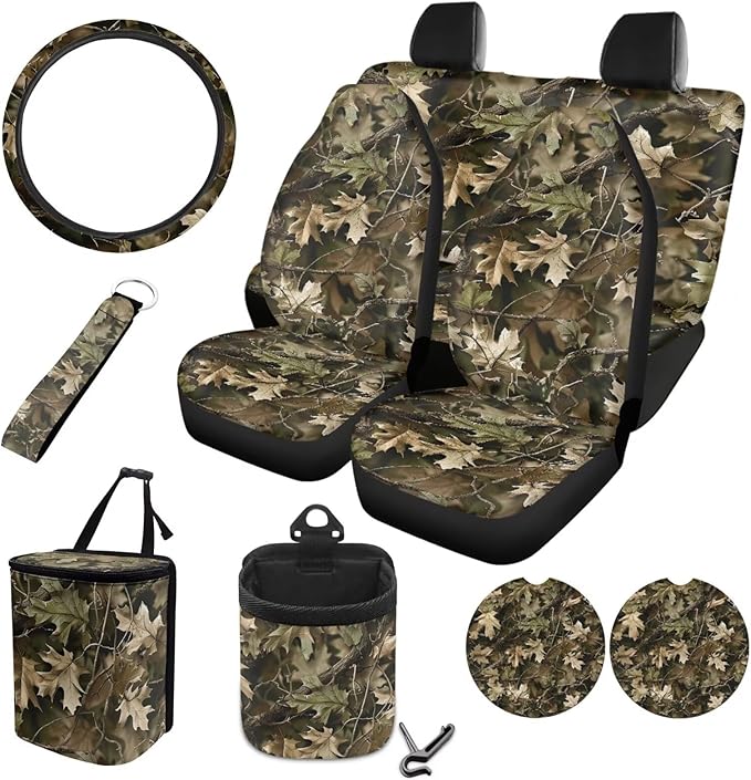 10 Piece Car Seat Cover Sets for Women and Men, Camouflage Hunting Printed Car Front and Back Seat Protector Steering Wheel Cover Trash Can Air Vent Storage Bag Wristlet Keychain