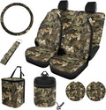 10 Piece Car Seat Cover Sets for Women and Men, Camouflage Hunting Printed Car Front and Back Seat Protector Steering Wheel Cover Trash Can Air Vent Storage Bag Wristlet Keychain