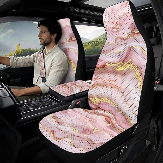 Qeluxign Automotive Seat Covers 5 Piece Universal Fit Pink Gold Marble Car Accessories with Soft 2 Pack Seat Belt Cover Pads and Center Console Armrest Covers for SUV Truck Interior Set