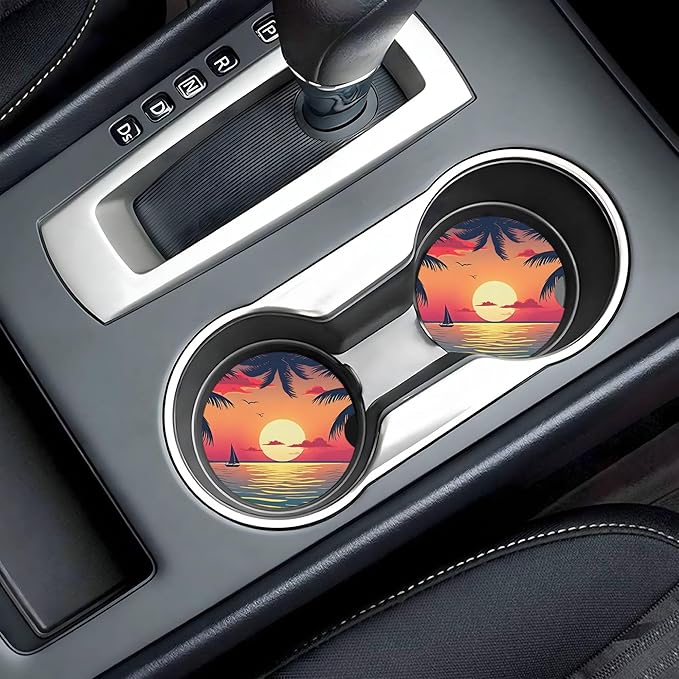 HUWAAI Beach Sunset Palm Trees Car Cup Holder Coasters 2 Pack Universal 2.63 Inch Anti Slip Ceramic Absorbent Coaster with Cork Base and Finger Notch Cute Car Accessories Interior for Women