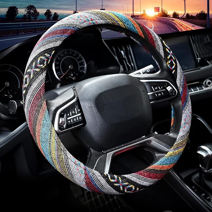 Valleycomfy Cloth Steering Wheel Covers for Women Bohemian Universal 15 inch Baja Blanket Enthic Grey