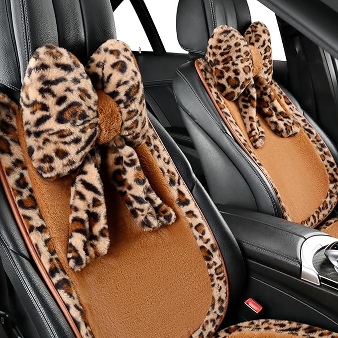 Car Steering Wheel Cover with Leopard Print & Cute Bowknot Soft Anti-Slip Y2K Retro Luxury Fluffy Fur Car Interior Accessory (Leopard Set 3)