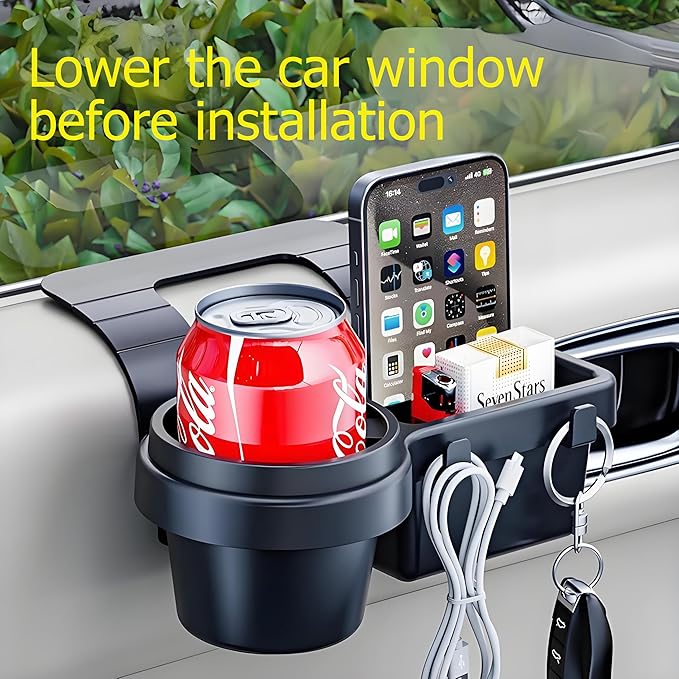 GDQ Car Window Organizer, Multi-Functional Window Mount Storage Rack with 2.79 Inch Cup Holder, Phone Holder, Key Hook & Charging Port, Universal Fit for SUV Truck Sedan（1 Pack）