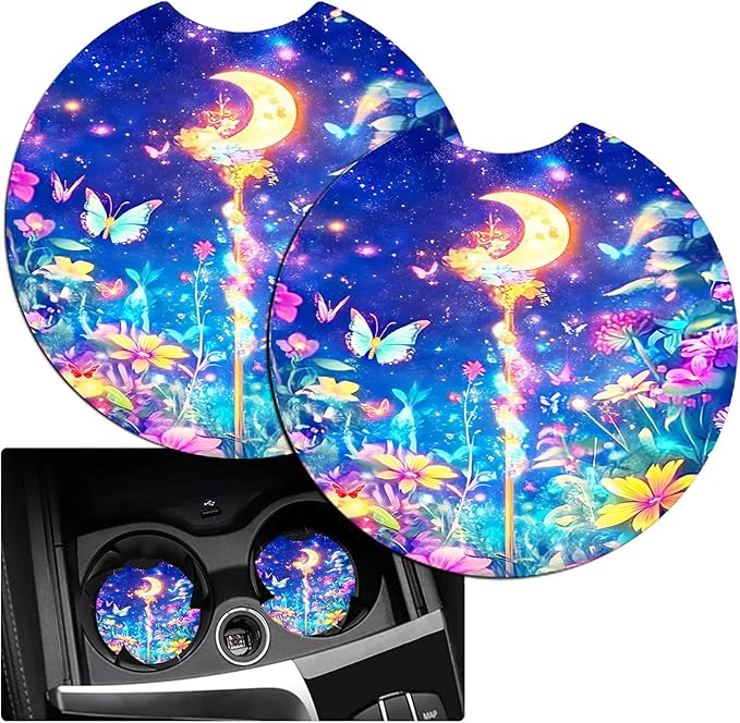 JANENFNA Car Armrest Cover Pads Universal Fashion Cute Auto Center Console Armrest Cover Pad with 2PCS Car Coasters Soft Waterproof Car Armrest Seat Protector for Women,Moon Magic Wand Flower