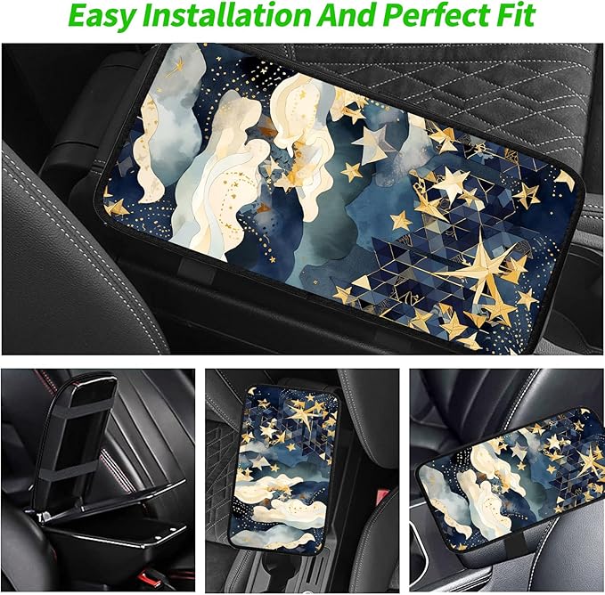 JANENFNA Car Armrest Cover Pads Universal Fashion Cute Auto Center Console Armrest Cover Pad with 2PCS Car Coasters Soft Waterproof Car Armrest Seat Protector for Women,Stars and Clouds
