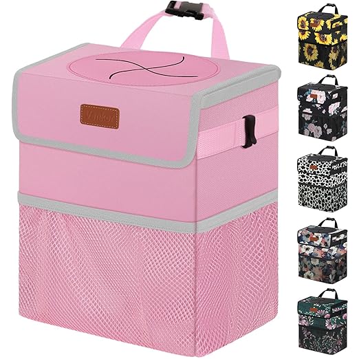 Vankor 3 Gallons Car Trash Can with Lid, Car Trash Bag Bin Hanging Waterproof Automotive Garbage Cans Leak Proof Vehicle Trash Can Pink
