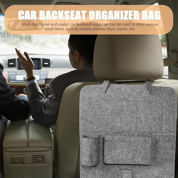 Car Backseat Hanging Storage Bag Felt Seat Organizer with Kick Protection Medium Gray Small Pouch for Vehicle Interior and Travel