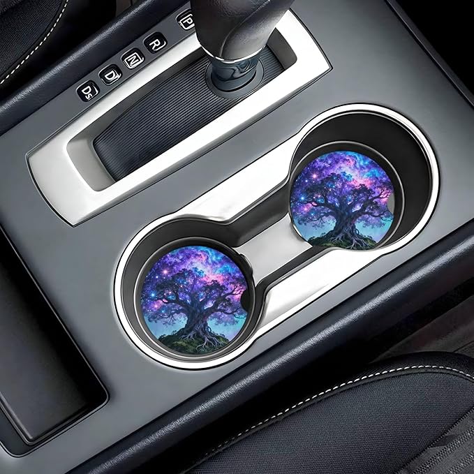 HUWAAI Tree Life Sky Galaxy Car Cup Holder Coasters 2 Pack Universal 2.63 Inch Anti Slip Ceramic Absorbent Coaster with Cork Base and Finger Notch Cute Car Accessories Interior for Women