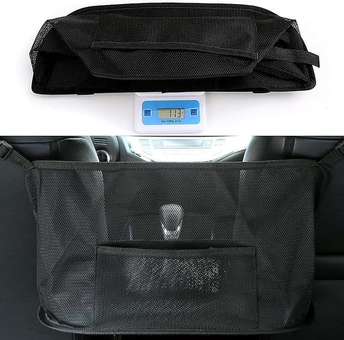 Car Net Pocket Handbag Holder, Organizer Mesh Bag Between Two Seat, Driver Storage Netting Pouch for Handbag Purse, Barrier of Backseat Pet Kids, Car Accessories for Women Men (Black)