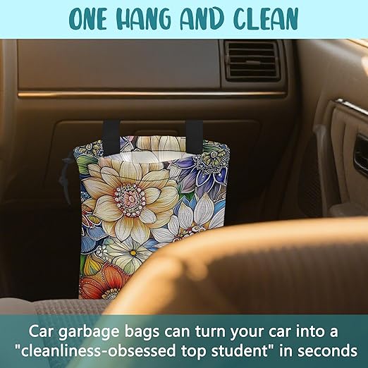 KXWQTRDD Car Garbage Bag Bright Yellow White and Blue Floral Hanging Canvas Car Trash Bag Drawstring Car Back Seat Organizer for Car Back Front Seat Console with Adjustable Buckle