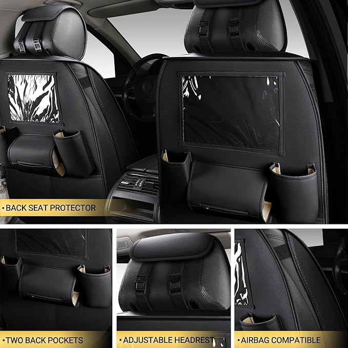 AOOG Leather Car Seat Covers with Car Backseat Organizer, Universal fit Automotive Vehicle Most Sedan SUV Pick-up Truck (Full Set, Black)