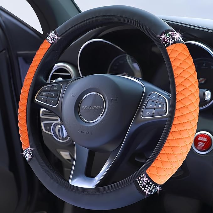 Bling Soft Leather Steering Wheel Cover 15 Inch with Sparkly Diamond Rhinestones for Women and Girls – Elastic Car Accessory for Most Cars (Orange)